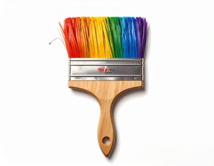 Vertical Paintbrush with Rainbow Bristles and Wooden Handle on White Background