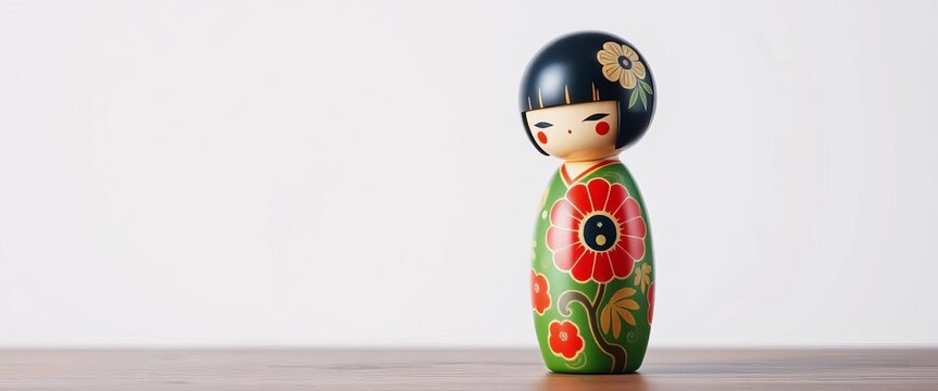 A vibrant kokeshi doll, painted with traditional Japanese patterns, stands against a clean background, asia, blue