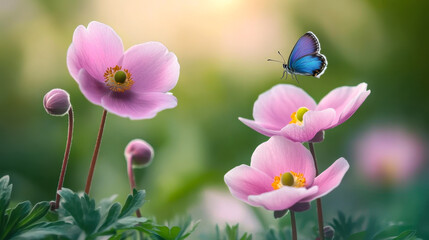 Beautiful pink flower Cosmos bipinnatus and butterfly on natural green-yellow background