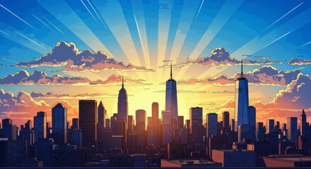  Art City Skyline  Vibrant Comic Style Urban Landscape with Radiating Sun Rays, Fluffy Clouds, and Dramatic Glow at Sunrise or Sunset