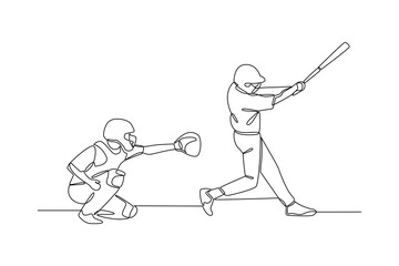 Continues line of baseball catcher and batter during pitch, Single line drawing vector graphic design illustration