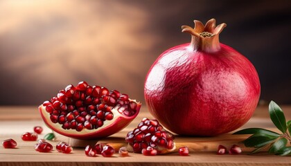 vibrant pomegranate fruit with seeds on a wooden cutting board