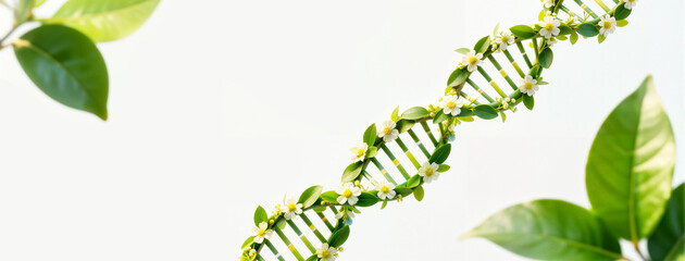 DNA molecule from plants. DNA from stems, leaves, and flowers on a white background with leaves