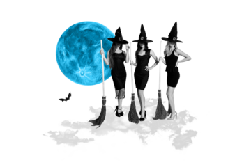 Composite trend collage of halloween autumn season spooky creepy party group three young lady witch posing hold broom stand cloud moon