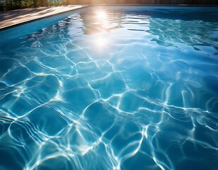 clear water in swimming pool with ripple in clean aqua liquid summer wallpaper blue background and reflection of sunlight on water surface