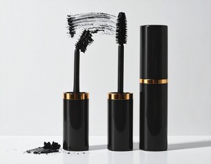 Black Lipstick and Mascara Duo on Reflective Surface with Sleek, Bold Aesthetic