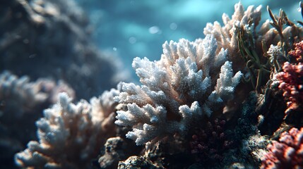 Detailed closeup of a vibrant, healthy coral formation underwater with sunlight filtering through the blue water