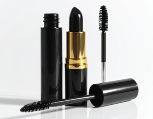 Obraz premium Black Lipstick and Mascara Duo on Reflective Surface with Sleek, Bold Aesthetic