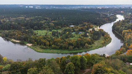 Aerial View of Verkiai Regional Park in Autumn. Vilnius, Lithuania