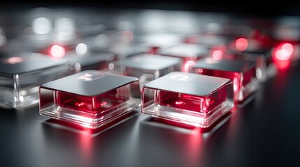 Illuminated Mechanical Keyboard with Transparent Keys and Red Backlight in Macro Shot