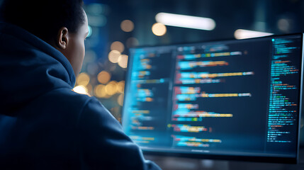 Person coding on a computer monitor at night with illuminated city background