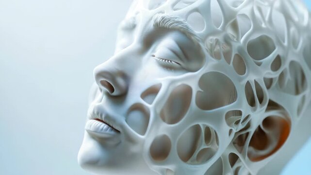 Futuristic artistic sculpture of human face with openwork design on light background