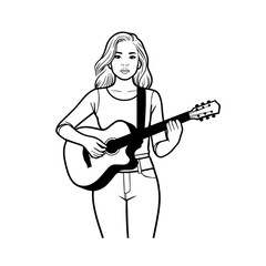 Fototapeta premium Black and white line art of a cool woman playing guitar in casual outfit minimalist stylish illustration
