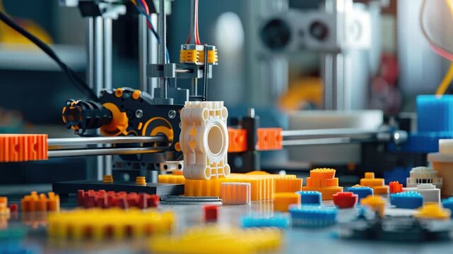 Close-up of 3D printer creating colorful plastic objects