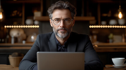 A focused adult man with a beard and glasses sits at a rustic table, looking directly at the viewer, with a laptop.