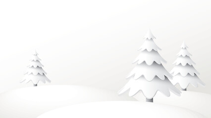Minimalist cute winter landscape with pine trees graphic illustration. Merry Christmas and Happy New Year greeting card template have blank space.