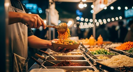 Obraz premium Street food vendor serving noodles at night market Asian cuisine food stall delicious meal tasty dish warm lighting night photography