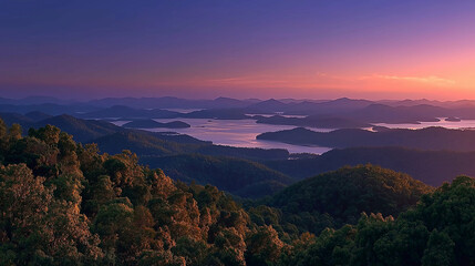Obraz premium Mountain Vista's Dawn Embrace: A panoramic vista captures the serenity of dawn, with layered mountain ranges gently fading into the ethereal sky and the distant lake reflects the pastel hues.