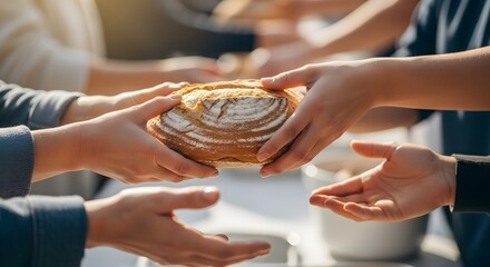 Hands carefully exchange a freshly baked loaf of sourdough bread, symbolizing sharing and community support.