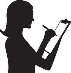 woman writing on clipboard silhouette vector, black and white silhouette vector illustration