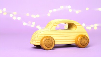 Wooden toy car on a pastel purple background with bokeh lights