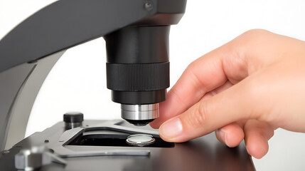 Close-up of a hand adjusting a microscope lens on a laboratory device
