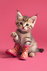 Cute Kitten Wearing Rain Boots On Pink Background – Adorable and Playful Illustration