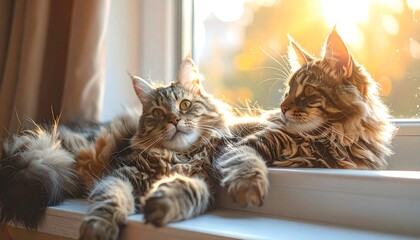 Two fluffy felines relax on a windowsill bathed in warm sunlight. One cat looks upwards, while the other rests, showcasing textures. The blurred background hints at a peaceful day