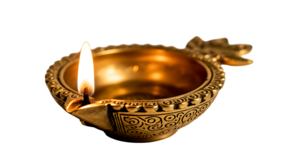 Golden oil lamp with dragon detail and flickering flame illuminates darkness isolated on transparent background