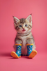 Cute Kitten Wearing Rain Boots On Pink Background – Adorable and Playful Illustration