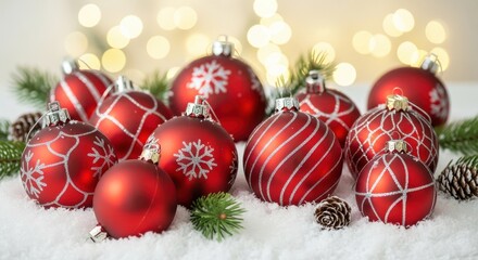 Naklejka premium Festive Red Christmas Ornaments Adorned with Glittery Designs Amidst Snowy Garland and Twinkling Lights