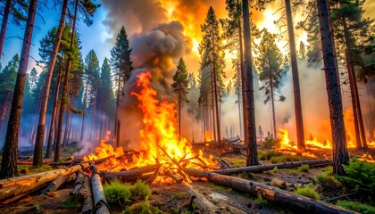 A raging forest fire, with flames engulfing trees and heavy smoke billowing into the sky under sunlight
