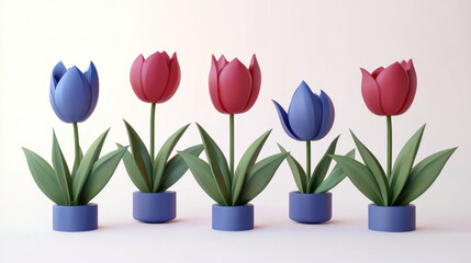 plastic toy tulip plants on blue background