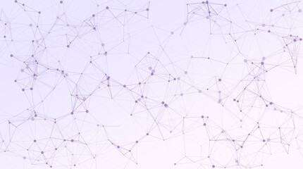 Abstract Network Background with Connected Dots Particles, Purple dots and lines on light lavender background