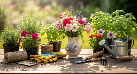 Vibrant Garden Scene With Fresh Flowers Plants And Tools For Cultivation