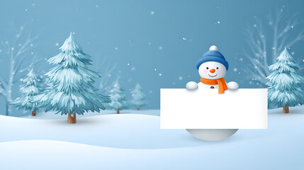 Snowman holding a blank board in a winter forest. Christmas and winter holiday concept. Vector illustration with copy space.