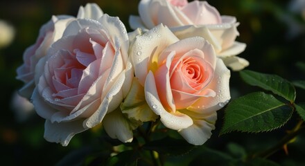  Delicate Pink Roses Covered In Dew Drops Blooming In The Morning Sun