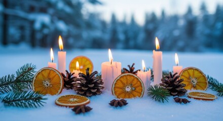 Cozy Winter Scene with Lit Candles Pinecones and Dried Orange Slices in the Snow