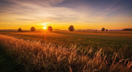 Golden sunrise illuminating a vast agricultural field with scattered trees at dawn