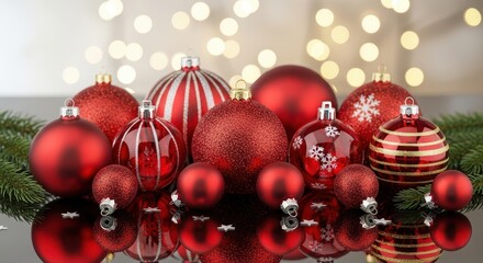 Festive Collection of Red Christmas Ornaments and Pine Branches with Bokeh Lights