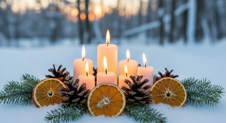 Warm and Festive Candles Adorn Snowy Winter Forest Landscape with Oranges and Pinecones