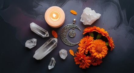Mystical Moon Crescent Pendant with Crystals and Marigolds