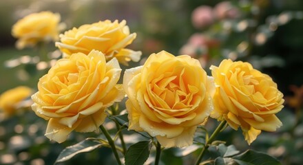 Delicate Yellow Roses in a Garden With Dew Drops