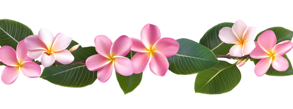 Pink frangipani flower garland with green leaves on transparent background, tropical hand painted border, exotic blossom arrangement for invitation, card design and festive decor - Powered by Adobe