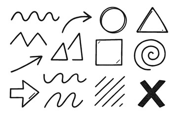 Collection of hand drawn geometric shapes and arrows doodle elements
