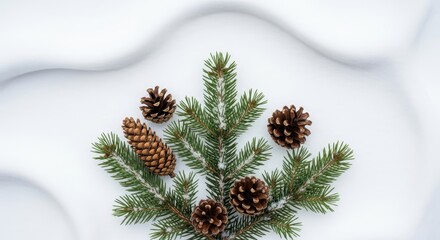 Festive Green Pine Branches and Pinecones Arranged on a Snowy Winter Background