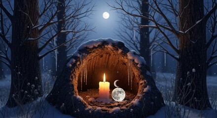 A Cozy Winter Scene with a Glowing Candle and a Whimsical Moon Cat