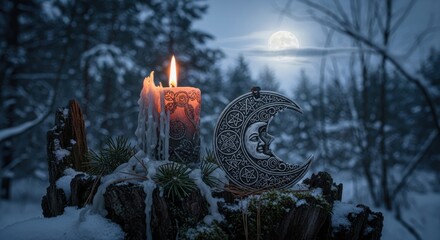 Winter Solstice Enchantment Candle and Crescent Moon Symbol in Snowy Forest