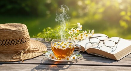 A Relaxing Summer Afternoon With a Book and Herbal Tea Outdoors