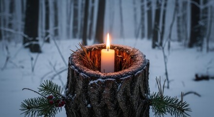A single candle burning brightly in a snow covered forest stump during winter